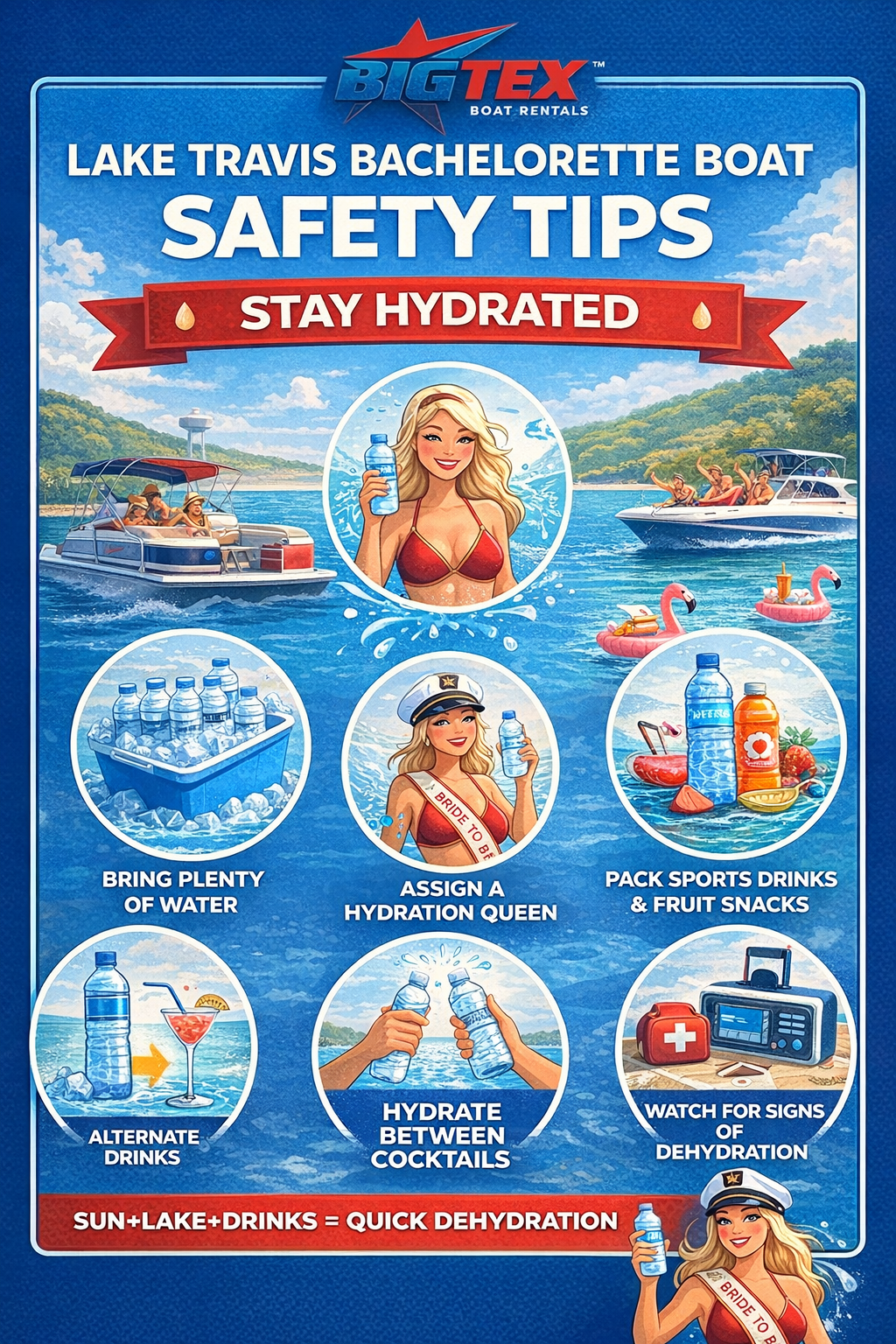 Lake Travis bachelorette boat safety tips infographic about staying hydrated on the water